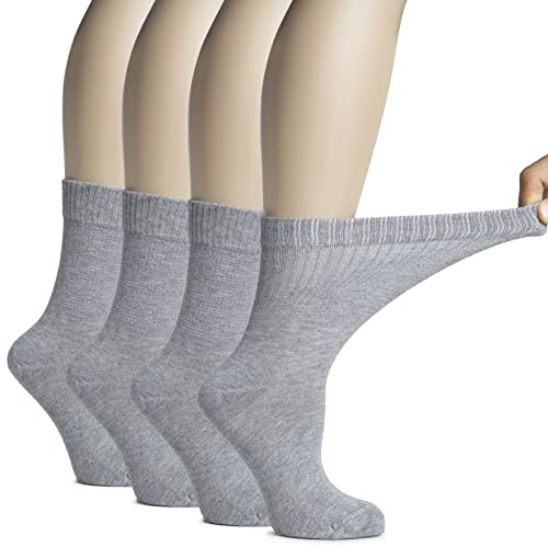 Hugh Ugoli Calcetines Media Caña Mujer Diabéticas de Bambú, 4 Pares, Súper Suaves, Finos y Transpirables, Holgados para Tobillos Hinchados, Cintura Sin Presión y Punta Sin Costura, Gris claro, 36-39