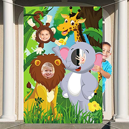 DPKOW Jungle Animaux Fête Photobooth Bannière en Tissu, Drôle Safari Animal Visage Jeu pour Enfant Garçon Anniversaire Décoration, Toile Fond Photo de Forêt