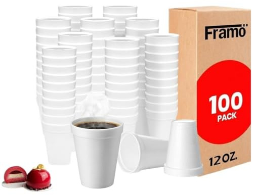 Framo 12 Oz Foam Cups 100 Pack, Insulated Disposable Hot Coffee Cups