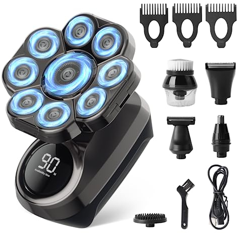 Glatzen Rasierer Herren Elektrisch, Upgraded Glatzenrasierer Skull Shaver Kopfrasierer Glatze, IPX7 Wasserdichter LCD Anzeige 6 in 1 Nasenhaartrimmer Herren, Type C Glatzen Rasierer Kopfrasierer