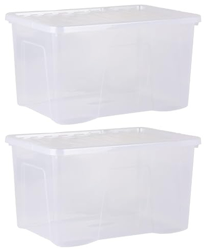 2-Pack x 60L Stackable Plastic Storage Boxes with Lids – Large Crystal-Clear Storage Bins for Home, Office, Garage, Toys, Clothes & More – Durable, Stackable, Space-Saving Organization Containers
