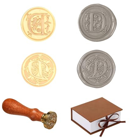 Comealltime 2 stycken retro alfabet sigillvaxstämplar, A~Z initialer vaxstämplar med trähandtag, vintage 26 bokstäver 25 mm avtagbart mässingshuvud för invitations kort gift wrapping Decor(Letter D)