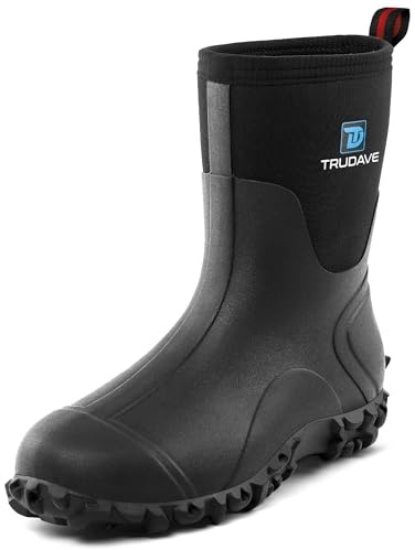 Trudave Rubber Boots for Men, 6mm Neoprene Insulated Mud Boots with Steel Shank, Men's Mid Calf Waterproof Rain Boots,Anti-Slip Rubber Work Boots for Farming Gardening Fishing, Black, Size 7