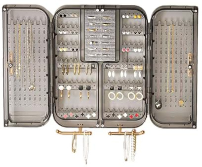 WEIKIMFF Wall Mounted Jewelry Organizer -No Punching Foldable 4-Compartment Earring Holder for Necklaces, Rings, Bracelets | Jewelry Holder Wall for Women & Girls (Gray)
