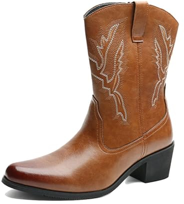 Botas De Hombre Cowboy - Western Boot Botas De Hombre Cowboy con Punta | Pull-On Boots| Bordado | para Trabajar, Equitación,Marrón,41 EU