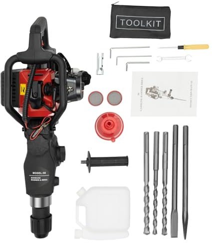 DAOHHFO Martello demolitore a benzina, 1500 W, 32,7 CC, 30J 3200, 1/min, numero di percussioni, dotato di tre punte, 18 × 350 mm, scalpello piatto, 16 × 280 mm