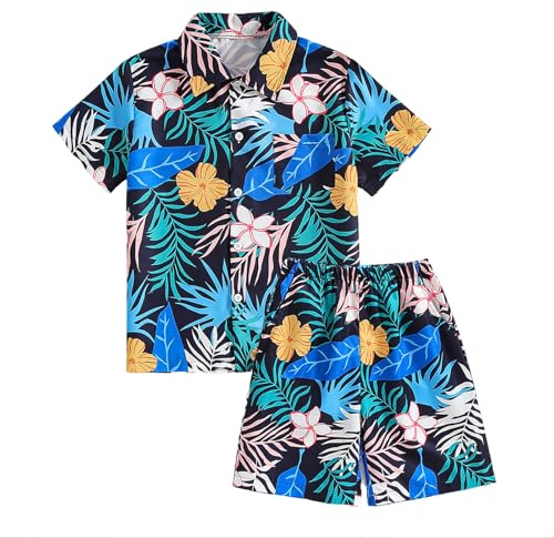 Xumplo Boys Hawaiian Outfits Kids Button Down Shirt and Shorts Set Children Leaf Floral Print Hawaiian Summer Suit 11-12 Years