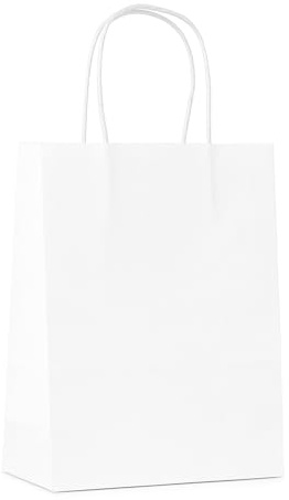 Commerline 100 stycken vita papperspåsar med handtag, 14 8 x 22 cm kraftpapperspåsar med snörhandtag, pappersbärkassar för shopping och förpackning, presentpåsar barnfödelsedag, fester, gör-det-själv