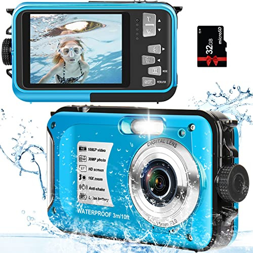 Caméra sous-marine étanche 10FT 1080P Full HD 30MP Caméra sous-marine 16X Zoom numérique avec une carte de 32 Go Appareil photo numérique anti-shake Bleu