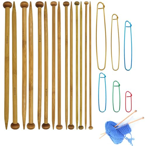 Set di 7 paia di ferri da maglia in bambù, ferri da maglia lunghi e lisci in legno, punta singola dritta in legno per sciarpe, coperte, cappelli - Regalo per appassionati di maglia/principianti