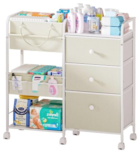 Solerconm Chariot de Rangement Bébé 2-en-1 à roulettes, Organisateur Multi-Fonction avec Tiroirs et Compartiments, Grande Capacité pour Table à Langer, Lit, Berceau et Chambre de Bébé(Blanc)