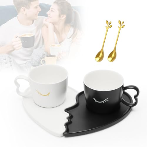 Kyssande kopp-set, kaffekoppar, partnerkoppar män kvinnor kvinna, keramik tekoppar set med tefat, gåva för jubileum/alla hjärtans dag/bröllop/förlovning/födelsedag