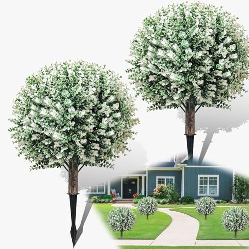 Juego de 2 bolas de boj artificiales de 61 cm, planta artificial de boj con estaca, resistente a los rayos UV, plantas artificiales para maceta, oficina, jardín