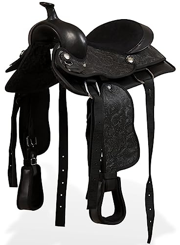 Teenpull Western-sadel äkta läder 30 cm (13 tum) svart med grimma, bröstblad och rem, robust konstläder, bekväm passform för vandring, fritid, turnering, lämplig för ponny och häst