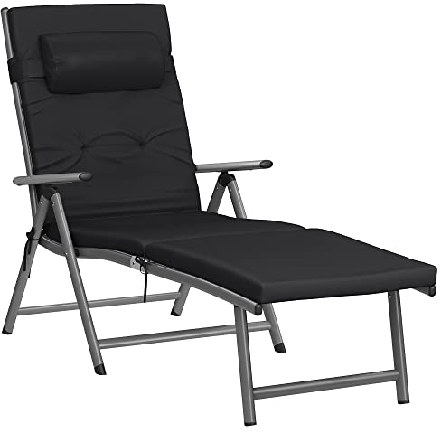 SONGMICS - Silla Larga, baño de Sol con colchón de 6 cm de Grosor, de Aluminio antióxido, Transpirable, reclinable, Carga máxima 150 kg, Negro GCB24BK