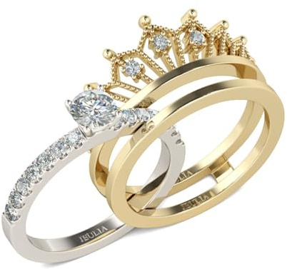 Jeulia 2Pcs Ensemble de Bagues Couronne de Fiançailles en Argent Sterling Bicolore Bagues Doré Coupe Radiant pour Femmes Anniversaire Mariage Engagement (53)