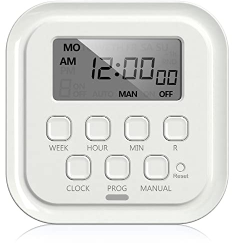 HBN 7 Day Heavy Duty Digital Timer, Dual Outlet, On/Off Programs 3-Prong Programmable Timer, Indoor, for Lamp, Light, Fan, Pets, Home, Kitchen, Office, Appliances, 125V, 15A, 1875W, 60Hz