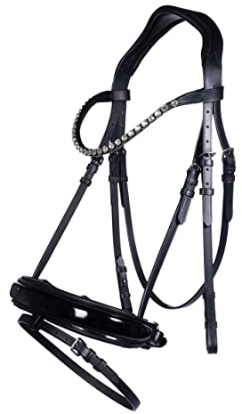 HKM Trense -Fleur- | Englisch kombiniertes Reithalfter | weich abgepolstertes Qualitätsleder, Strassstirnriemen, inkl. Zügel | Farbe schwarz | Größe Pony, Vollblut, Warmblut