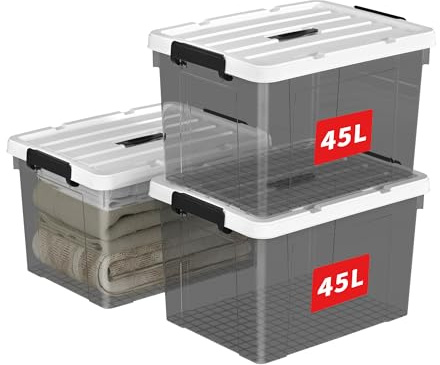 Cetomo 45L*3 Caja de Almacenamiento con Asa, Caja de Plástico con Tapa y Cierre Seguro, Contenedor de Almacenamiento Grande, Duradera, Apilable, Resistentes, Negro Transparente, Paquete de 3 de 45L
