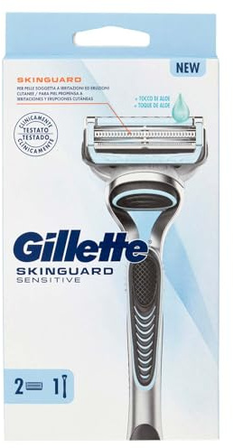 Gillette Skinguard Sensitive Rasoio Barba Manuale per Uomini con Irritazioni della Pelle, 1 Rasoio Skinguard Sensitive, 2 Lamette Gillette da Barba di Ricambio