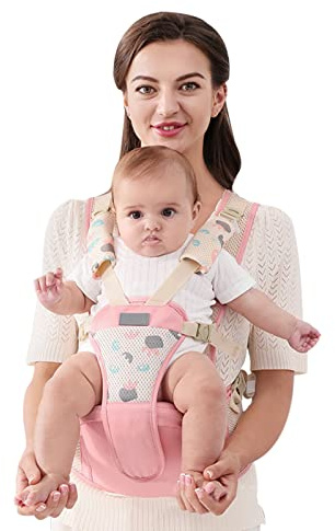 SONARIN Andningsbar enkel babybärare, multifunktionell bärare, höftstol, midjeväska, ergonomisk barnväska, främre bärare, ryggsäck för 0-36 månader (rosa)