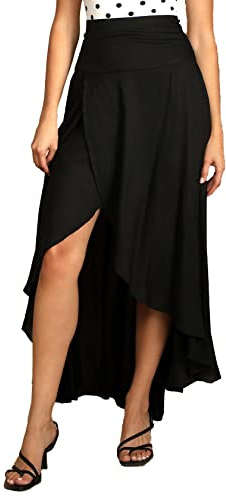 Gonna lunga da donna a vita alta, stile bohémien, con spacco, a pieghe, alta e bassa, nero, S
