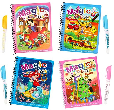 talifoca Lot de 4 Livre de Coloriage a L’Eau, pour Enfants,Livre Magique avec Stylo à l'eau, Réutilisable Magic Water Book pour Enfants, garçons, Filles, pour Tout-Petits, Cadeau de Noël (Style Two)