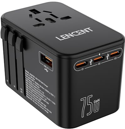LENCENT 75W Snabb Laddning Universal Reseadapter över Hela Världen, GaN III | Internationell Travel Adapter med 3 PD3.0 Typ C+2 QC USB A, Socket Adapter Worldwide för DE USA UK AUS, Typ C/G/A/I, Svart