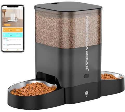 HoneyGuaridan Futterautomat Katze 2 Näpfe mit Bewegungssensor, 2.4G WiFi Intelligenter Katzen Futterautomaten für Fernfütterung, 3.5L Programmierbar Automatischer Futterspender für Katzen & Hunde