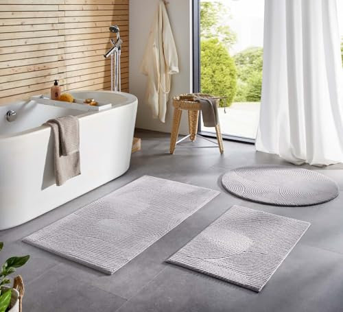 Taracarpet Badematte Homestyle rutschfest waschbar Badezimmerteppich Bad-Vorleger, WC Deko, Duschvorleger für Dusche und Badewannen sehr weich und kombinierbar Grau Wellen 050x080 cm