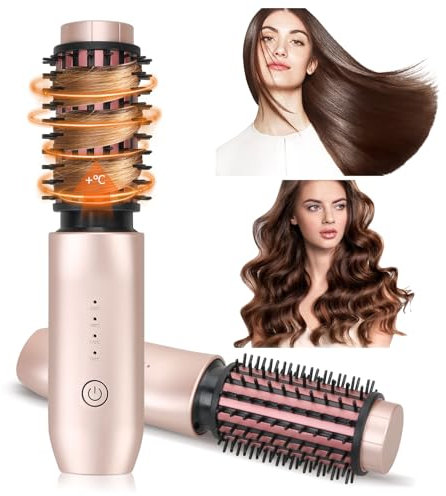 Hot Brushes for Hair Styling, Cordless Hair Curler and Straightener Brush, 7000mAh USB Rechargeable 43MM Heated Hair Brush, Portable 3 in 1 Thermal Brush with 4 Temperature for Travel, Home (Gold)