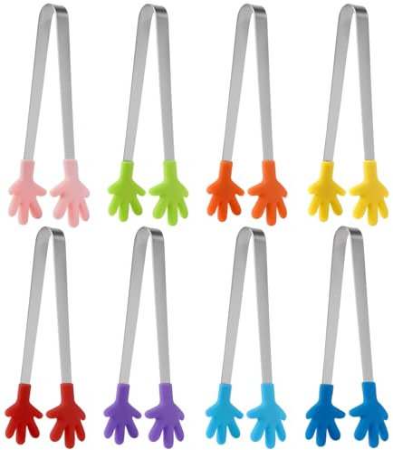 8 Pezzi Mini Pinza Silicone Ghiaccio, 12.5cm Mini Forma Mano Pinza Cucina, Antiscivolo Pinze Forma Mano per Zucchero in Acciaio Inox Silicone, per Contenere Grigliate, Dessert, Insalate (8 Colore)