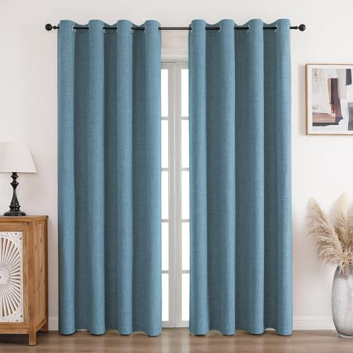 CUCRAF - Set di 2 tende 100% opache, termiche, in lino, con occhielli, protezione dal freddo, isolamento acustico, per soggiorno, camera da letto (blu cielo, 260 x 140 cm (A x L))