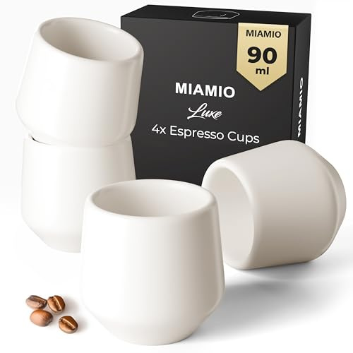 MIAMIO - Set di Tazzine da Espresso 4 Pezzi (90 ml) / Tazzina da Espresso, Tazzine da Espresso in Ceramica, Tazza Senza Manico, Tazze da Tè Giapponesi - Collezione Luxe (White)