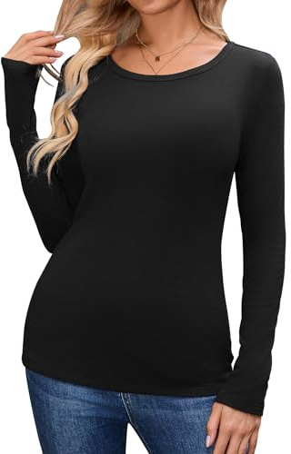 PASUDA Camiseta Térmica para Mujer Otoño Invierno Manga Larga Cuello Redondo Interior Thermal Top con Forro Polar Sólido Base Layers Informal T Shirt Top (Negro, XL)