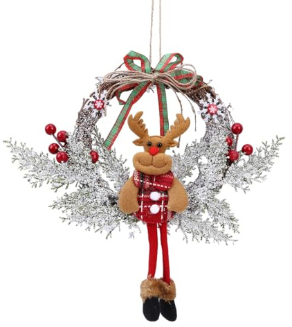 HQRKOTM Corona navideña de alce de 35 cm, decoración de corona navideña con bastón de alce, adecuada para puertas de entrada, ventanas y adornos de pared