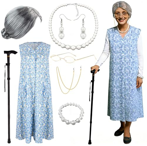 CHMMY Disfraz de Abuela para Carnaval - Con Peluca de abuela, Vestido de Flores Azules, Gafas Retro Doradas, Bastón Plegable y Joyas de Perlas