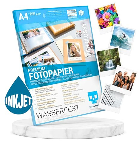 SKULLPAPER® Fotopapper A4 högglans Premium | 50 ark 200 g/m² | Bläckstråleskrivare | omedelbart torr | vattentät