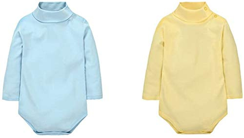 CuteOn 2 Confezioni Unisex Bambino Pagliaccetto Collo Alto Manica Lunga Cotone Neonati Body tuta Blu + Giallo 9 Mesi