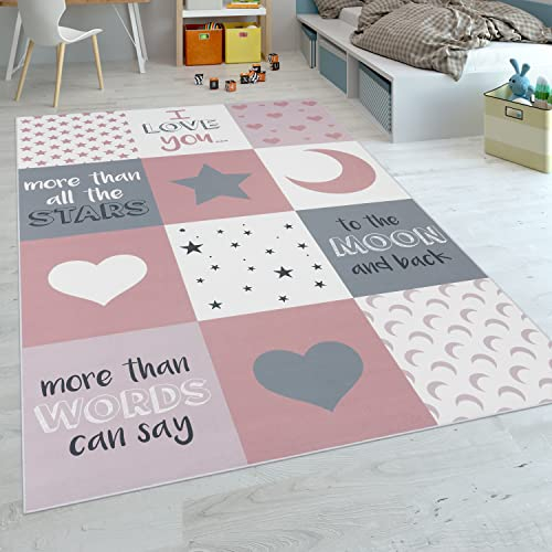 Paco Home Alfombra Habitación Infantil Niña Lavable Corazón Estrellas Luna Frase Rosa Gris, tamaño:80x150 cm