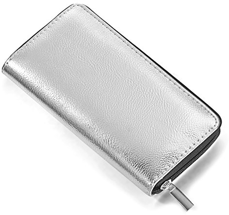 Damen Geldbörse weich im Metallic-Look mit Reißverschluss Portemonnaie in Silber 20 x 10 x 2,5 cm