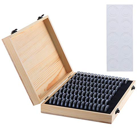 Kyrio 100PCS Coin Holder Case Wooden Coin Storage Box with Round Coin Capsules Plastic Coin Organizer Coin Protection Box for Coin Collectors 18mm/21mm/25mm/27mm/30mm