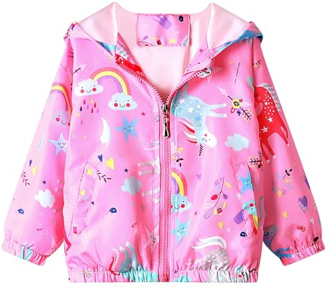 JinBei Bambina Giacche e Cappotti Cappotto Giacca a Vento Con Cappuccio Sottile Ragazza Rosa Unicorno Arcobaleno Cerniera Lampo Primavera Autunno Protezione Solare Vestiti 5-6 Anni