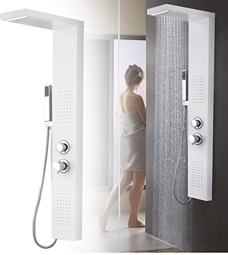 YRHome Système de douche à effet pluie - Panneau de douche en acier inoxydable - Avec douchette à main - Douche à effet pluie - Douche de massage - Douche à main - Douche cascade - Blanc mat