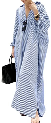 Minetom Robe Maxi Longue Femme Été Casual Rayure Robe Blouse Chemisier Party Grande Taille Col V Manches Longues Robe A Bleu XL