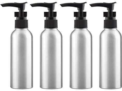 ZEOABSY 4 Pezzi 120ml Argento Alluminio Argento Bottiglie Dosatori per Cosmetico Bagno Hotel, 30 ml Bottiglie con Pompa Nero per Lozione Corpo Doccia Shampoo Gel Dispenser Viaggio