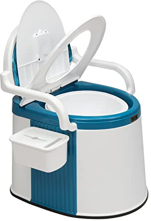 VINGLI Portable Toilet | Back & Handrail Design Commode with 5 Gallon Bucket Inner, Camping RV Toilet for Adult, Kids, Home, Boat, Van, Travel, Plastic, Blue & white