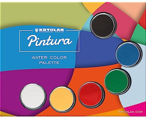 Kryolan Pintura Water Color Palette mit Pinsel und Schwamm - Pintura 1 - 6 Farben, Waschbar, Vegan, ohne Parfüm, ohne Parabene, Glutenfrei - ideal für Kinderschminke, Party, Karneval, Halloween