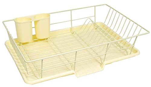 Sweet Home Collection Space-Saving 3-Piece Dish Drainer Rack Set: Efficient Kitchen Organizer for Quick Drying and Storage - Includes Cutlery Holder and Drainboard - Maximize Countertop Space, Yellow