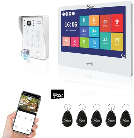 Sistema de intercomunicador de timbre de puerta de apartamento 1080P, monitor táctil con cable de 10 pulgadas, compatible con huellas dactilares, tarjeta RFID, desbloqueo de contraseña
